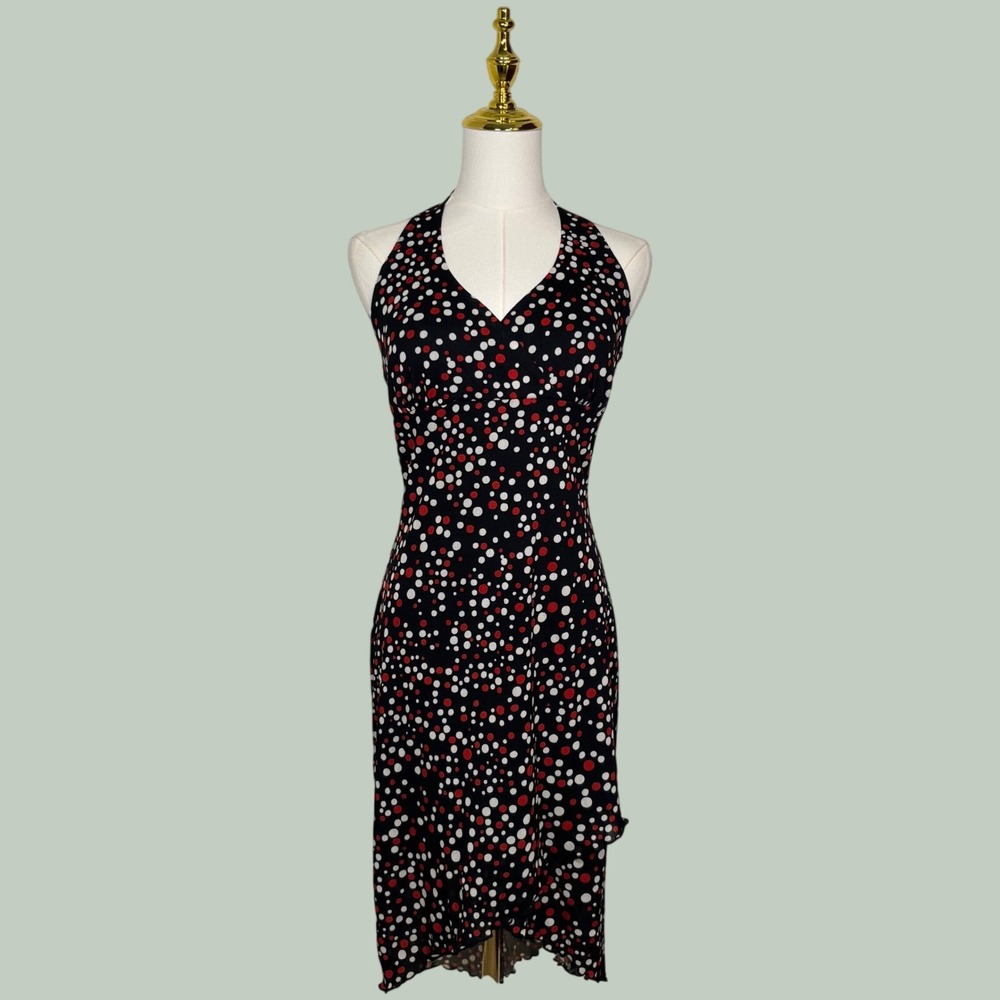 mandee Y2K halter ruffle black midi party dress red white polkadot coquette goth